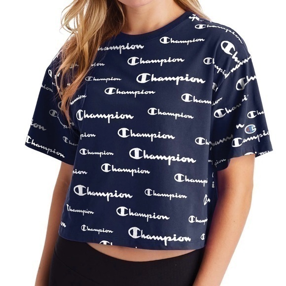 New Navy Blue Champion Print cropped Tee Shirt- XS - Picture 1 of 10